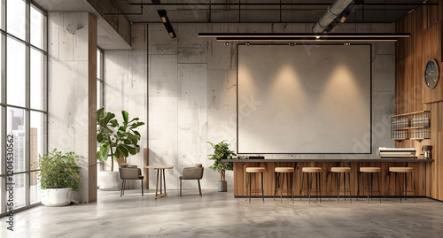 ffice interior in light colors with panoramic windows and high ceilings, coffee bar area, lounge seating areas, standing tables for backyard-style conference decor 