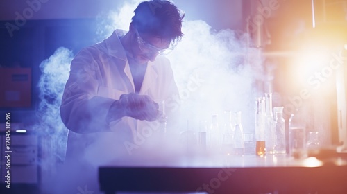 Scientist in lab coat conducts experiment with smoke and chemicals.