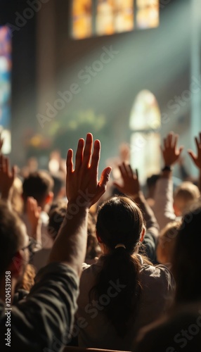 Hands raised in celebration during Easter service in a vibrant church filled with worshippers. Generative AI