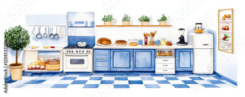 bright and inviting kitchen featuring blue cabinets, white refrigerator, and various baked goods on display. space is adorned with plants, creating warm atmosphere