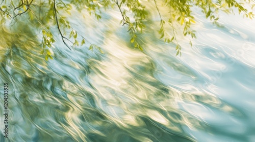 Delicate tree branches dip into a rippling, sunlit pond, creating an impressionistic view of nature's serenity and motion. photo