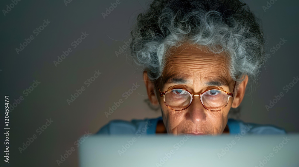Senior woman enjoys her time at home, skillfully navigating her laptop with a warm smile and a sense of purpose. Senior woman enjoys her time at home, skillfully navigating her laptop with a warm smile and a sense of purpose.