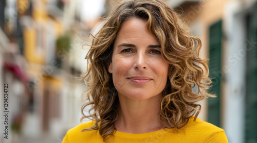 A stunning Spanish woman with curly hair smiles at the camera in a charming old town street during low season travel.