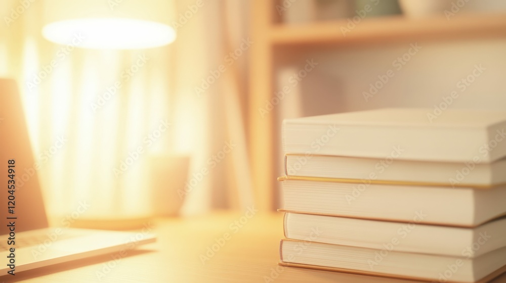 Fototapeta premium A minimalist still life of a stack of textbooks and a laptop on a desk, with blurred soft lighting and a cozy atmosphere