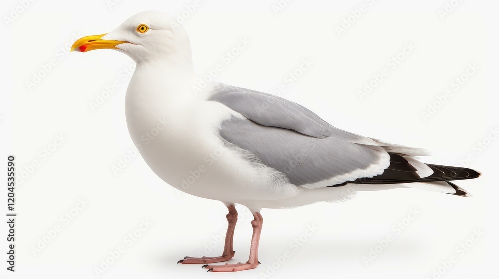 Fototapeta premium A seagull bird stands alone, showcasing its distinct features and elegance against a clean white backdrop.