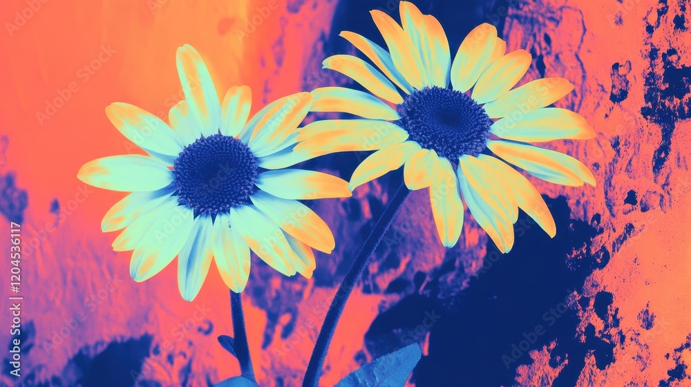 Two Brightly Colored Flowers Against A Vivid Background Two Brightly Colored Flowers Against A Vivid Background