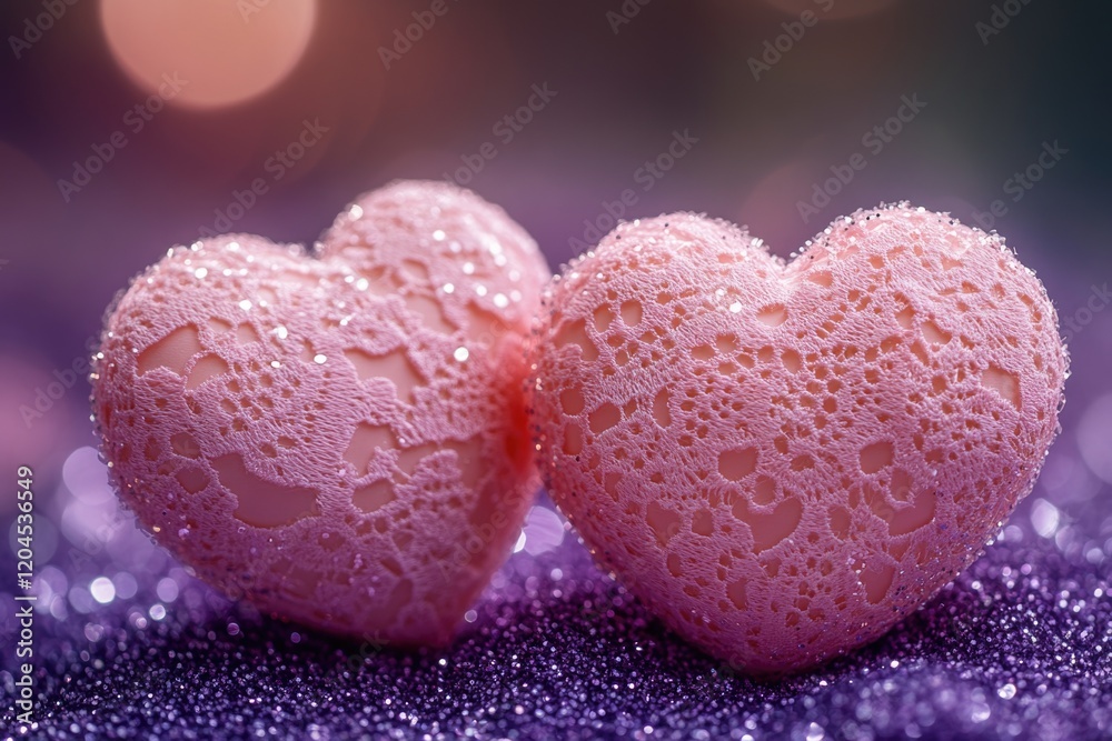 Fototapeta premium Water-covered pink hearts on a purple background