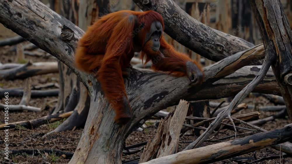 lone orangutan climbing on fallen trees in a heavily deforested area, highlighting the severe effects of deforestation on wildlife lone orangutan climbing on fallen trees in a heavily deforested area, highlighting the severe effects of deforestation on wildlife