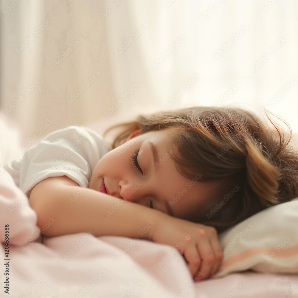 Sleeping child in a restful mood for recovery in a bright cozy bedroom Sleeping child in a restful mood for recovery in a bright cozy bedroom