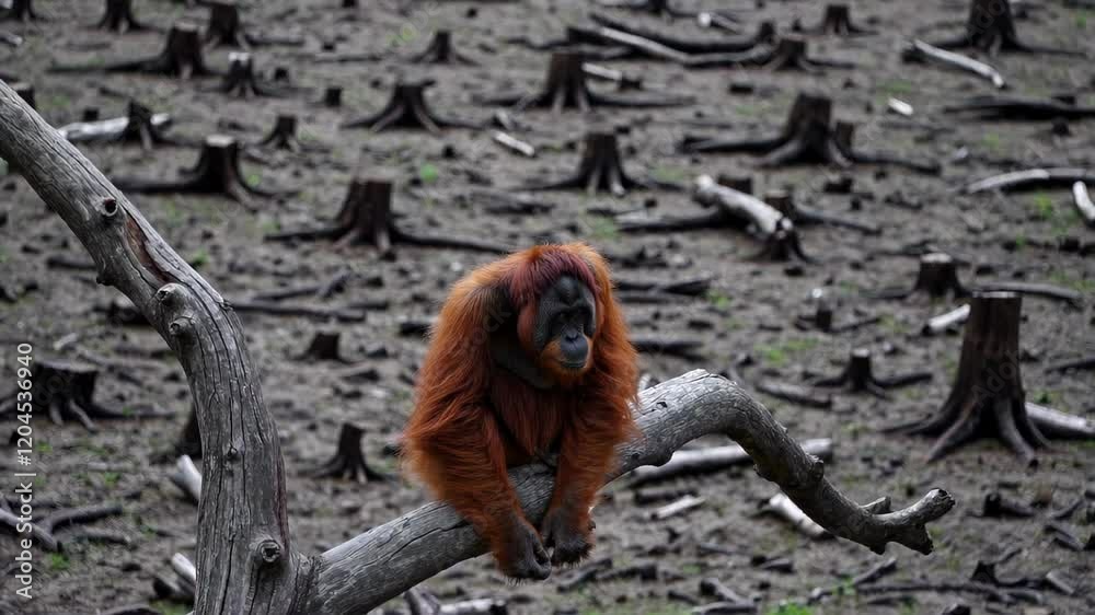 An orangutan rests on a fallen tree amidst a deforested landscape, surrounded by tree stumps and barren ground, highlighting habitat destruction