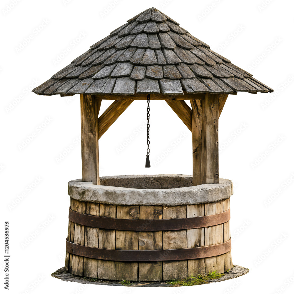 Isolated Rustic Village Well with Wooden Bucket and Rope in a Traditional Countryside Setting Isolated Rustic Village Well with Wooden Bucket and Rope in a Traditional Countryside Setting