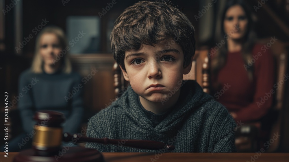 Sad boy sitting at a table in the background of his parents. Sad boy sitting at a table in the background of his parents.