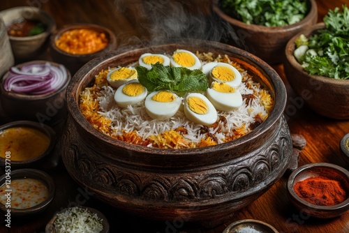 Steaming hot egg biryani in a rustic bowl with various side dishes. (1) photo