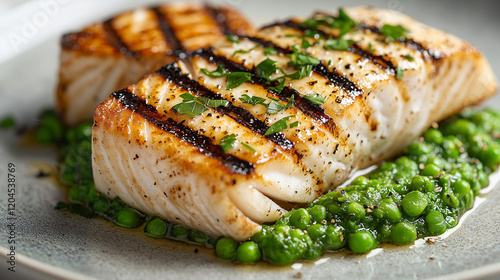 Two grilled cod fillets, beautifully seared, rest atop a vibrant green pea puree. A sprinkle of fresh herbs completes this elegant, healthy dish. A perfect gourmet meal