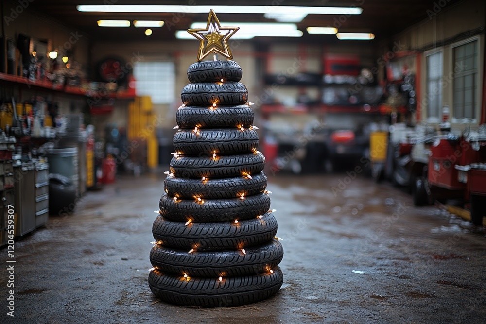 Obraz premium A unique Christmas tree made from stacked tires in a garage, perfect for rustic or industrial-themed holiday decorations