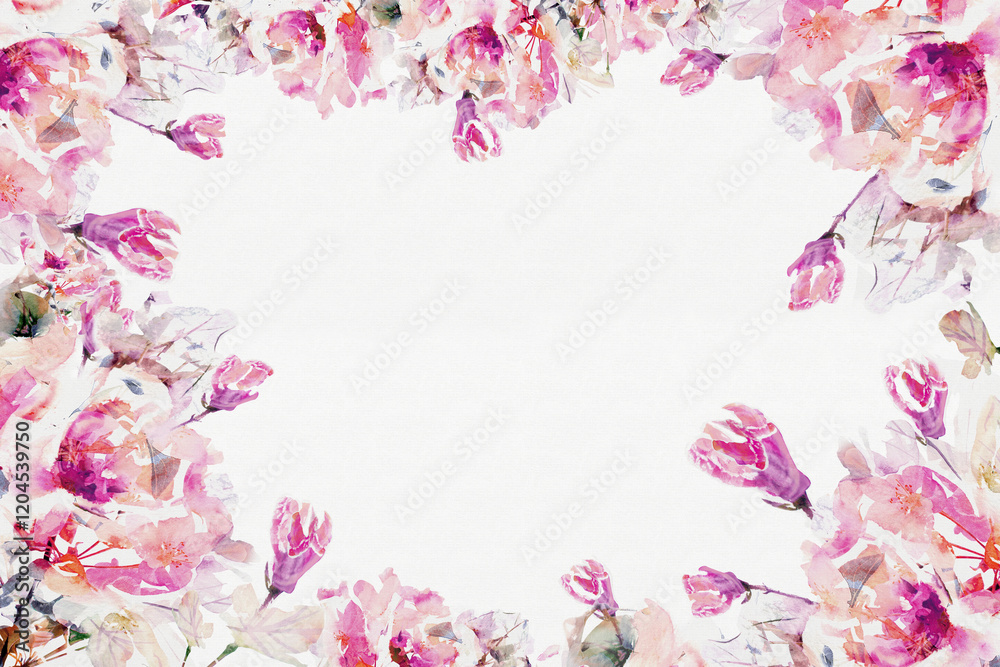 Frame of watercolor flowers in pink tones in the shape of a heart with space for text. Background with watercolor roses for greeting card design Frame of watercolor flowers in pink tones in the shape of a heart with space for text. Background with watercolor roses for greeting card design