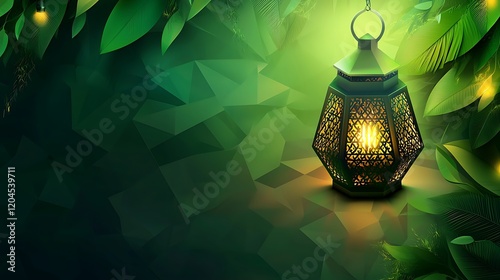 Hari Raya Aidilfitri - pelita oil lamp with green geometric ketupat Selamat Hari Raya Aidilfitri greeting template with abstract pelita oil lamp and green geometrical ketupat texture background. (text