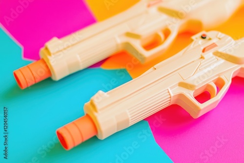 A pair of toy guns placed on a vibrant surface, ideal for illustrations and designs related to childhood, playfulness, or whimsy photo