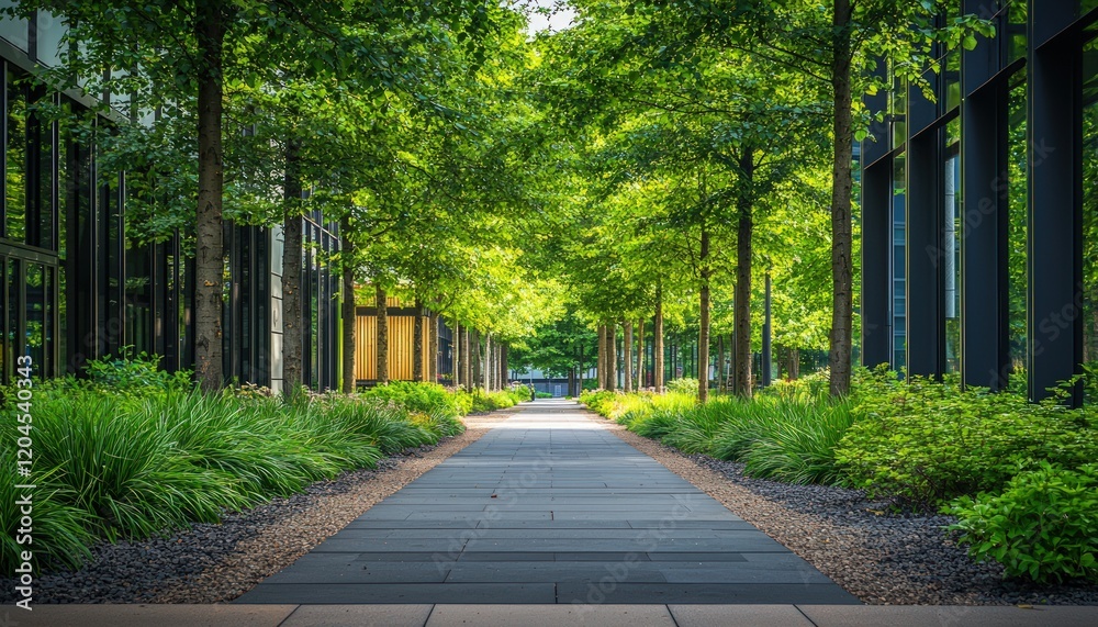 Trees lining a walkway in a tranquil office park, where modern office buildings stand tall in the background, creating a peaceful yet efficient working environment. Trees lining a walkway in a tranquil office park, where modern office buildings stand tall in the background, creating a peaceful yet efficient working environment.