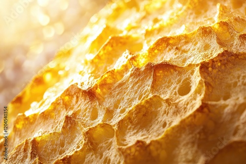 Close-up of golden-brown bread crust, showcasing its texture and airy crumb structure.