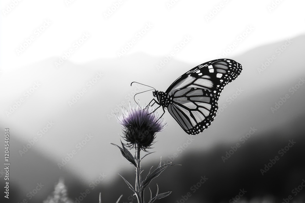 Obraz premium A monarch butterfly delicately perched on a purple thistle flower against a blurred mountain backdrop.