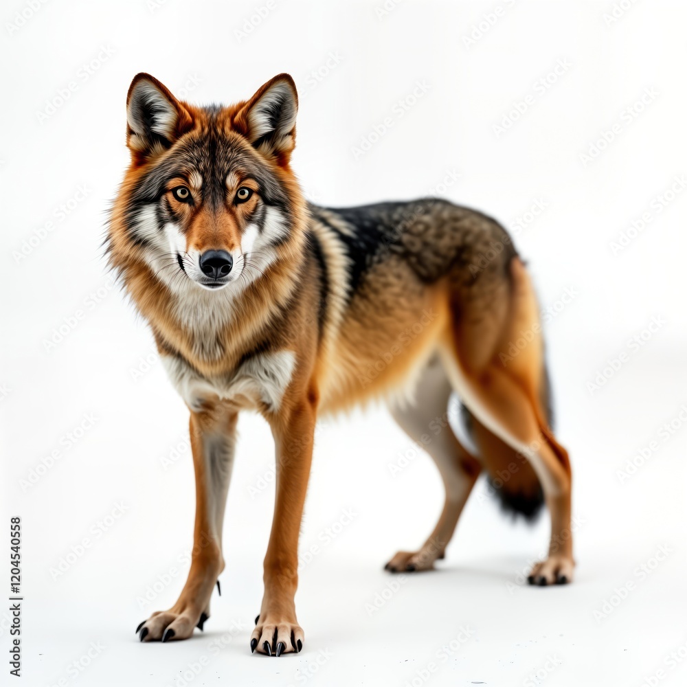 Fototapeta premium Powerful wolf stands isolated against white background. Wild animal portrait. Focus on fur details, watchful eyes. Majestic predator stance. Studio shot. Wildlife photography. Animal portrait.
