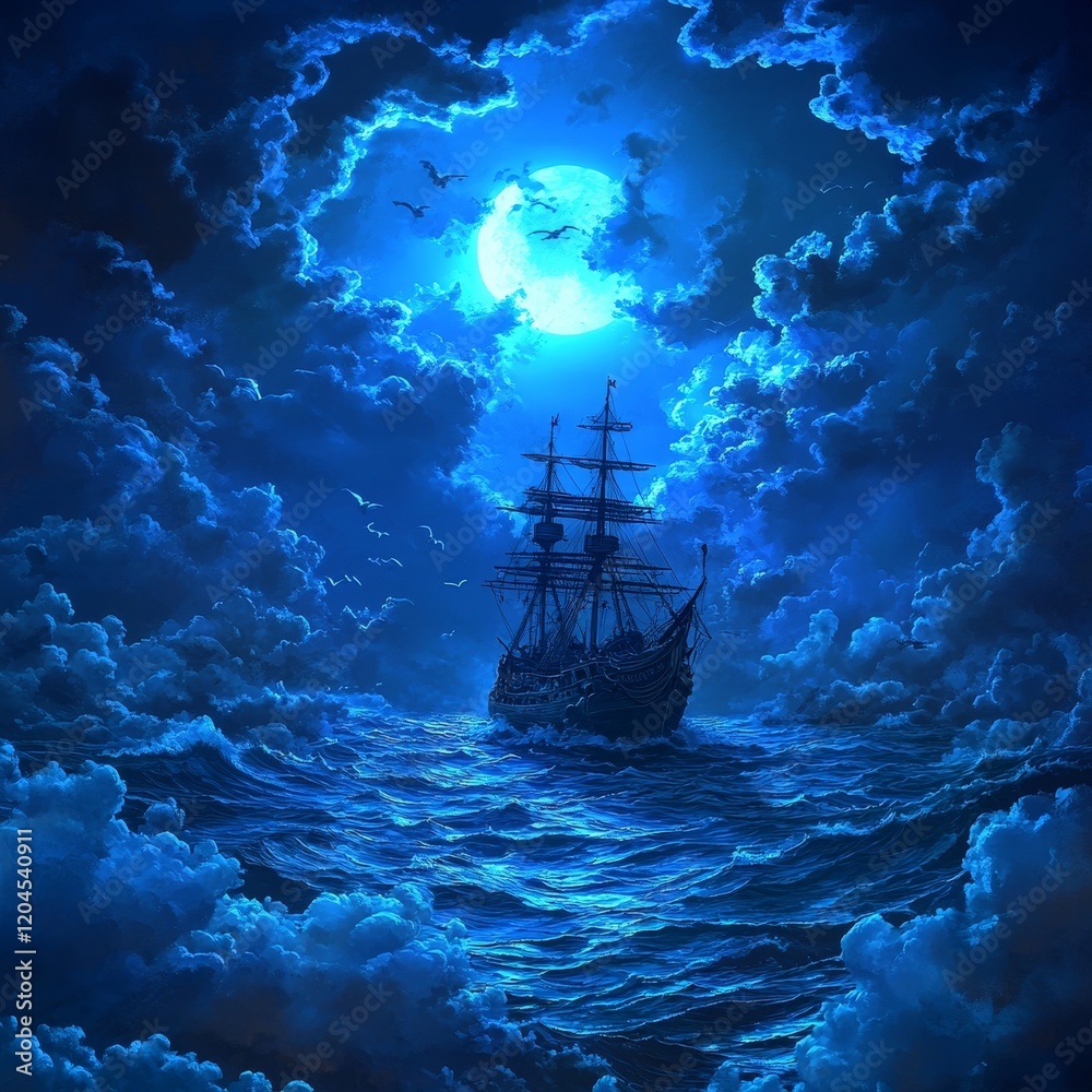 Fototapeta premium Caught in a violent storm, the ship faced waves crashing around, in a dark and choppy ocean, embodying the concept of fighting and adventure