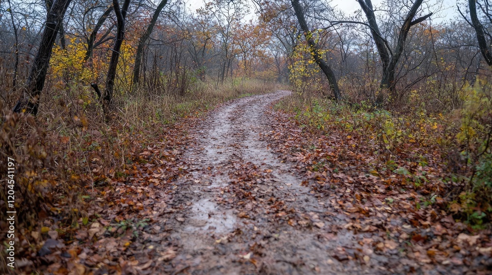 Autumnal forest path, leaves, wet, muddy, trees, walk Autumnal forest path, leaves, wet, muddy, trees, walk