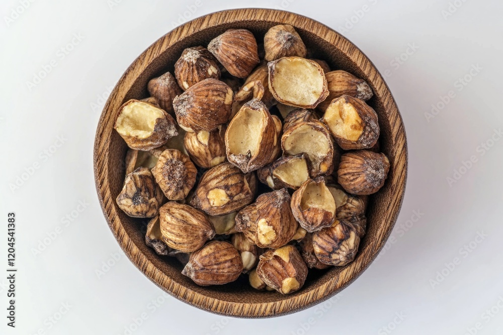 A wooden bowl filled with nuts placed on a clean and minimalist white table A wooden bowl filled with nuts placed on a clean and minimalist white table