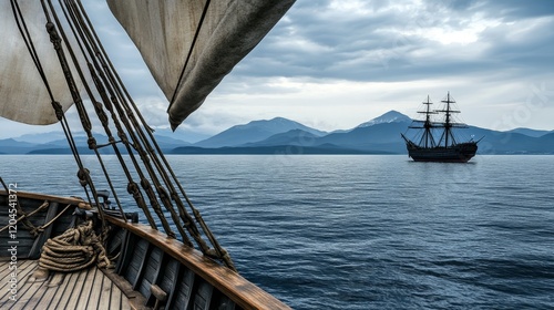 A grand medieval vessel gliding across the ocean at sunset