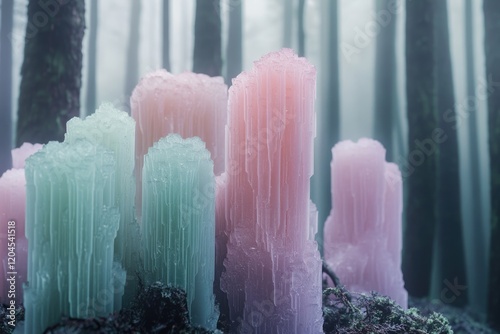 Enchanted pastel candles stand in a mystical foggy forest, creating an ethereal and magical scene. photo