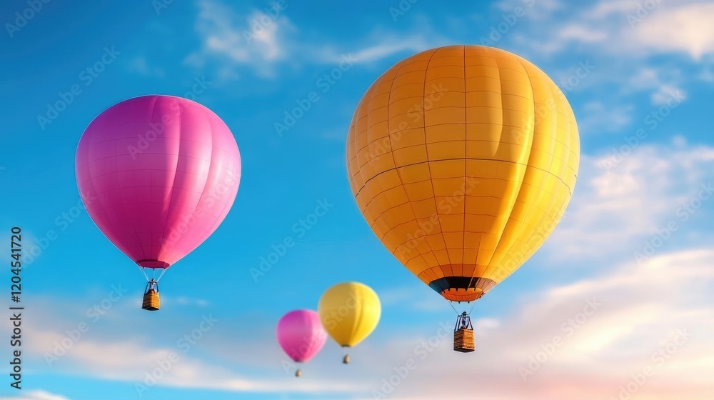 Obraz premium Colorful pink and yellow hot air balloons float through a bright blue sky during a sunny morning.