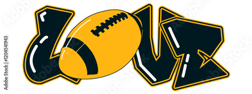 love - gold and black football player helmet, sport vector graphics, hockey, for street art - graffiti lettering typography - art illustration - multicolor - writen	