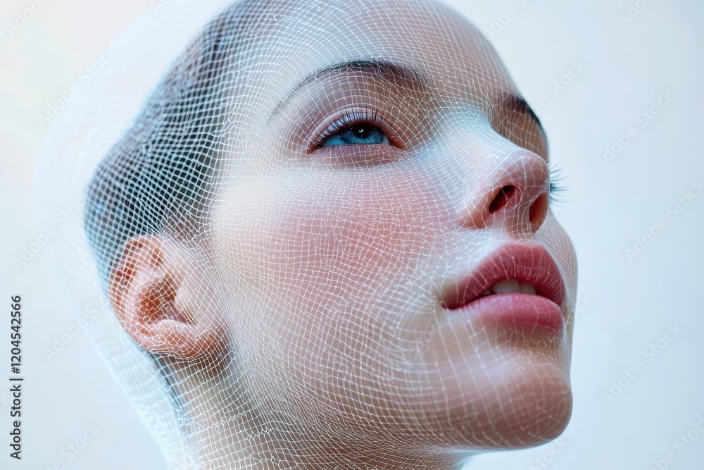 Fototapeta premium Woman with 3d mesh facial recognition grid, biometric security scanning technology
