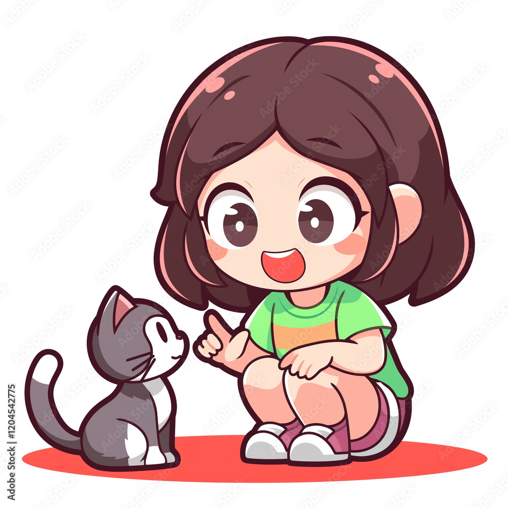 Obraz premium A cartoon girl squatting down and talking to a cat