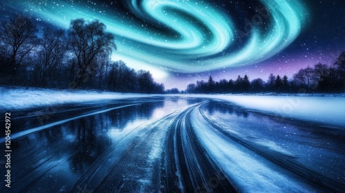 Magical aurora borealis swirls over a frozen river at night, reflecting in the icy water, surrounded by snow-covered trees.