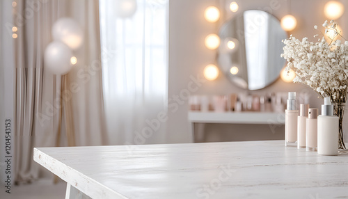 Wallpaper Mural Defocused makeup mirror in dressing room with wooden table top Torontodigital.ca