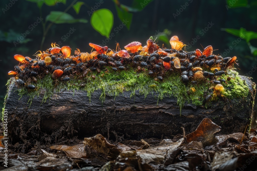 A log covered in moss hosts a colony of ants and numerous small, vibrant orange mushrooms. A log covered in moss hosts a colony of ants and numerous small, vibrant orange mushrooms.
