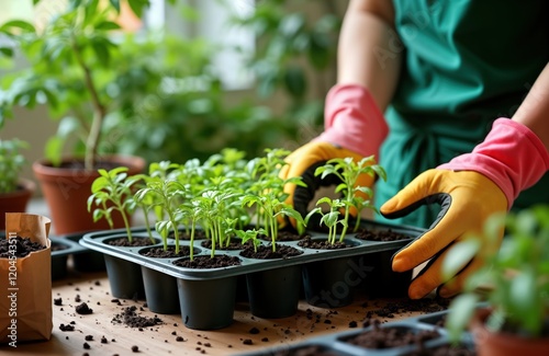 Woman gardener in pink, yellow gloves transplants young green tomato seedlings into small eco-friendly pots. Uses plastic tray for germinating tomato buds. Home gardening hobby in spring season.