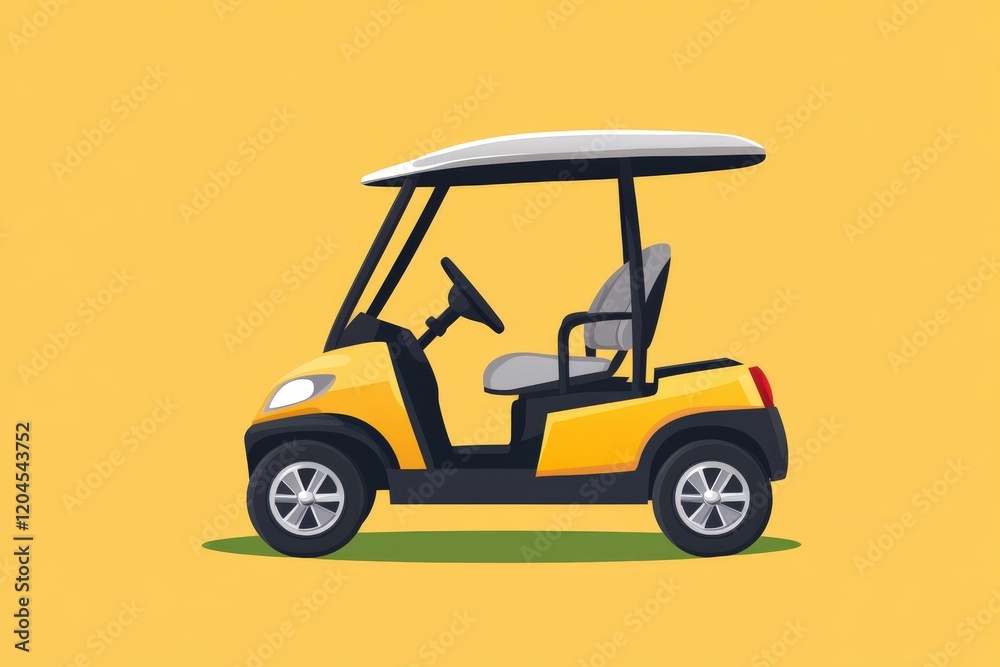 Obraz premium Yellow golf cart parked on a golf course, golfing transportation icon
