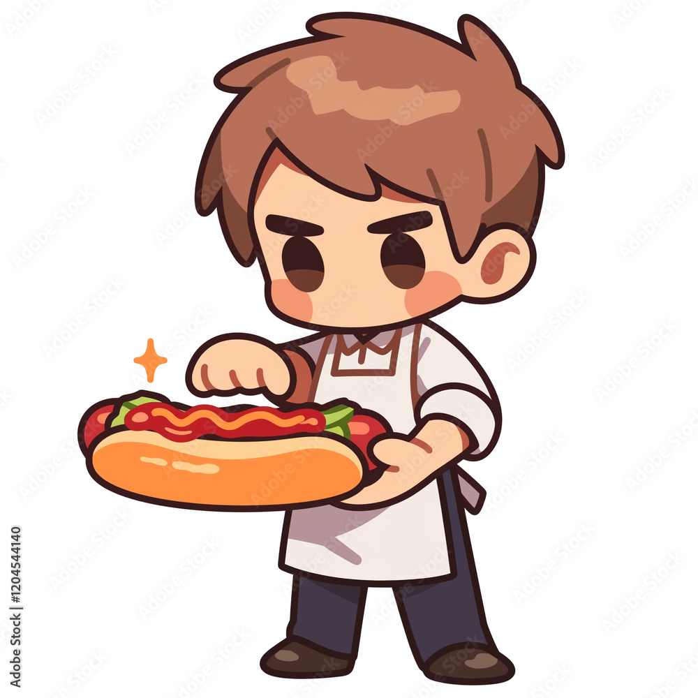 A cartoon fast food clerk putting ketchup on hot dog A cartoon fast food clerk putting ketchup on hot dog