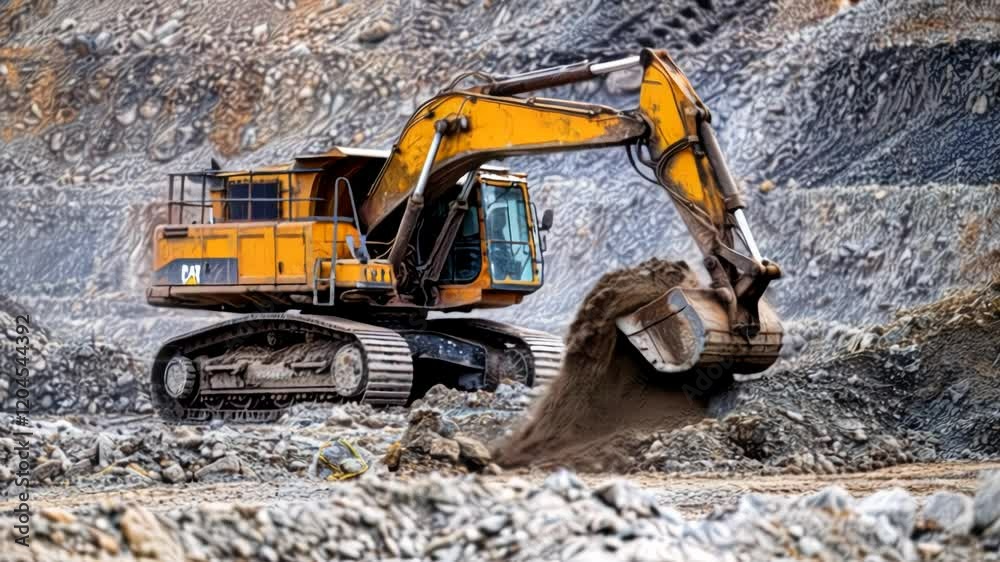 Excavator in Action: Heavy Machinery Earthmoving at Quarry Site