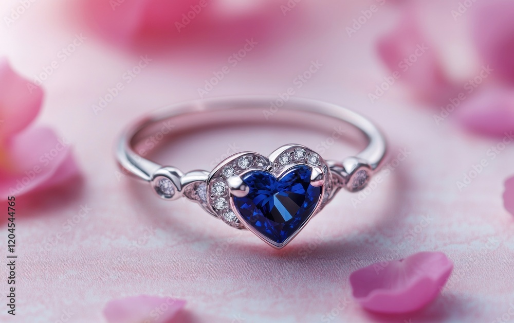 A platinum ring with a sapphire heart design, elegantly displayed on a light pink background with soft floral textures for valentines day