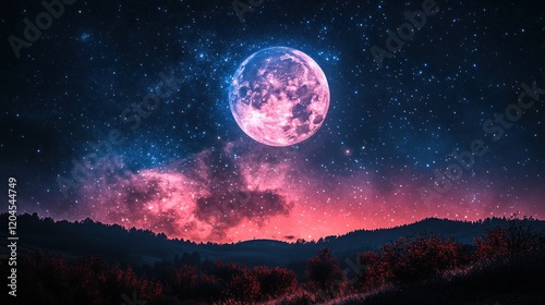 A vibrant night sky featuring a large pink moon, twinkling stars, and a serene landscape below