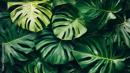 Lush Green Monstera Leaves Background Texture