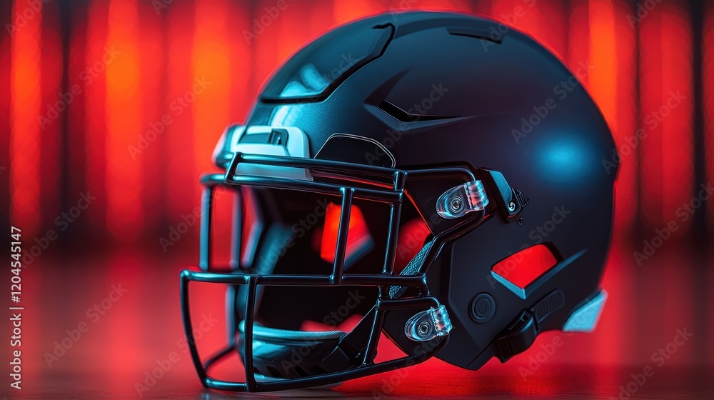 Naklejka premium A sleek black football helmet illuminated by vibrant red and blue lights, showcasing a modern design and attention to detail.