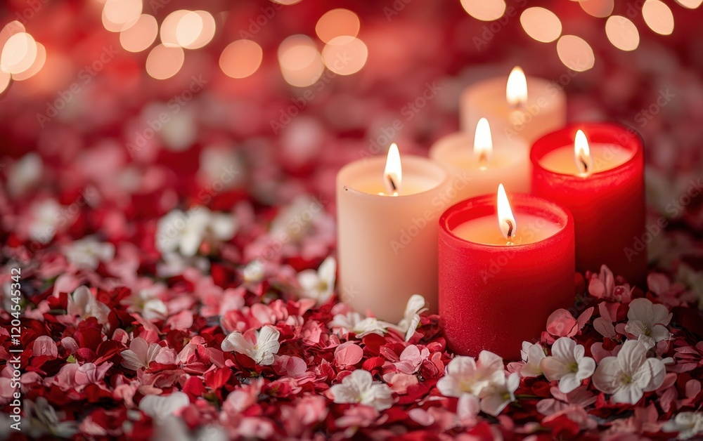 A romantic arrangement of red and white candles glowing warmly on a floral-patterned backdrop for valentines day A romantic arrangement of red and white candles glowing warmly on a floral-patterned backdrop for valentines day