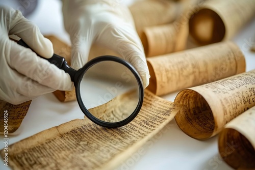 A scholar uses a magnifying glass and a table illuminated by light to analyze Arabic writing from the Koran. Paleography is the discipline that focuses on ancient Arabic writing styles.