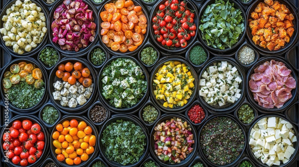 Colorful array of fresh, prepared vegetable and cheese dishes in bowls. Colorful array of fresh, prepared vegetable and cheese dishes in bowls.