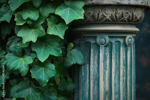 Lush green ivy climbs a weathered teal column, showcasing nature's beauty against aged architecture. photo